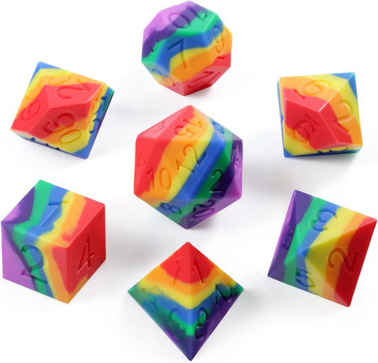 Rainbow Silicone DND Dice Set (7PCS) - Bouncy, Squishy Polyhedral Dice with Display Case for Tabletop Roleplaying Games