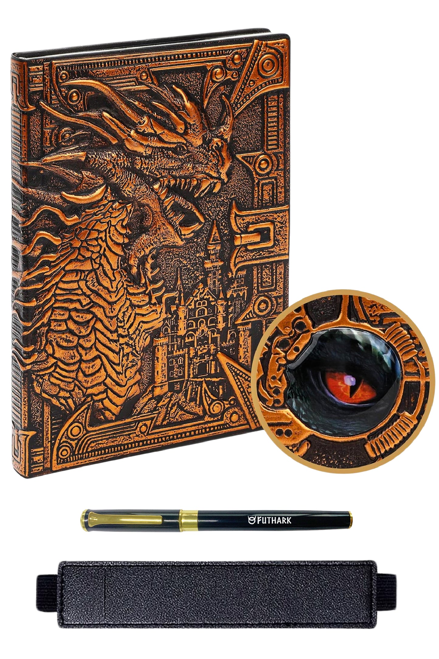 DND Notebook/Journal - 200 Pages with 3D Bronze Dragon including Pen & Pen Holder