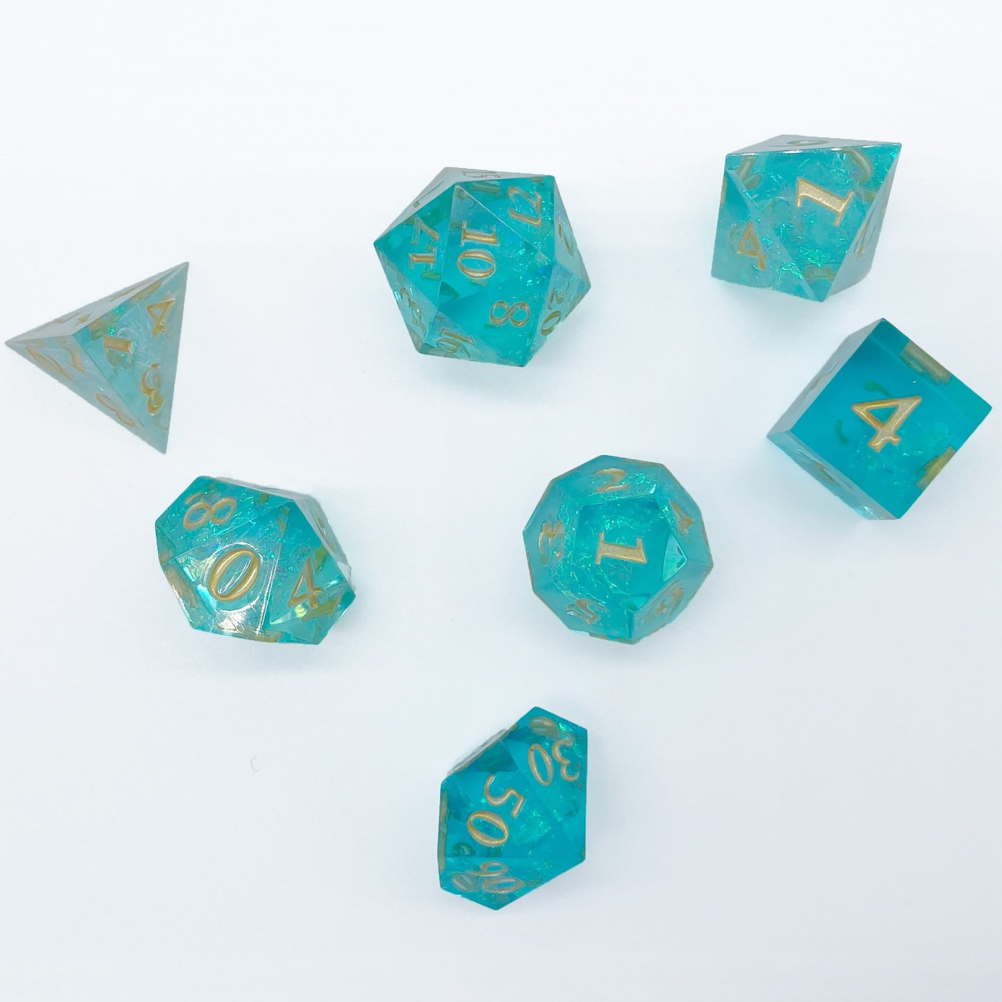 Lagoon Legends DND Dice: Aqua Polyhedral Resin Dice for Dungeons & Dragons, RPGs, and Board Games – 7 Piece Sharp Edge DND Dice Set with Case