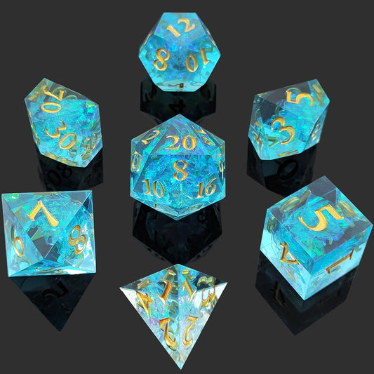 Lagoon Legends DND Dice: Aqua Polyhedral Resin Dice for Dungeons & Dragons, RPGs, and Board Games – 7 Piece Sharp Edge DND Dice Set with Case