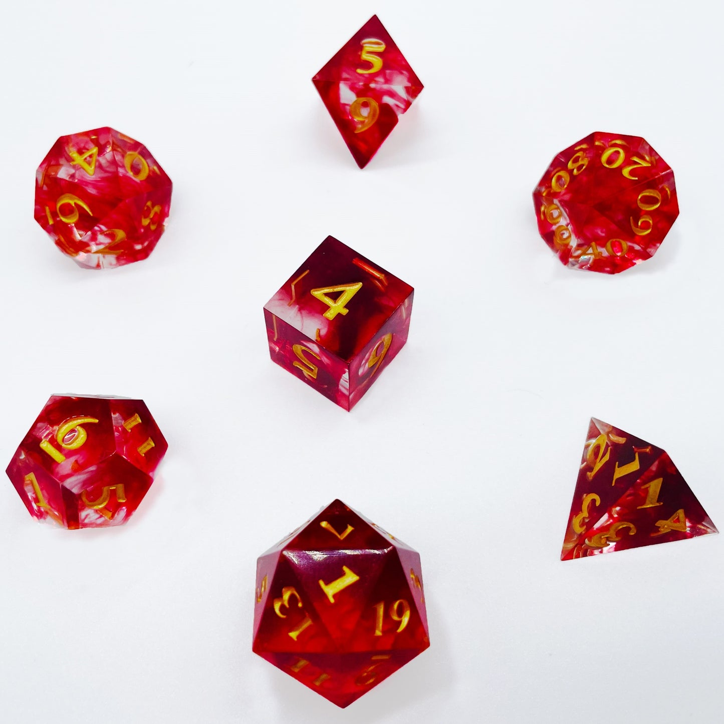 Crimson Currents DND Blood Dice: Transparent Blood Swirl Polyhedral Resin Dice for Dungeons & Dragons, RPGs, and Board Games – 7 Piece Sharp Edge DND Dice Set with Case