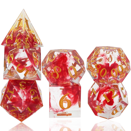 Crimson Currents DND Blood Dice: Transparent Blood Swirl Polyhedral Resin Dice for Dungeons & Dragons, RPGs, and Board Games – 7 Piece Sharp Edge DND Dice Set with Case