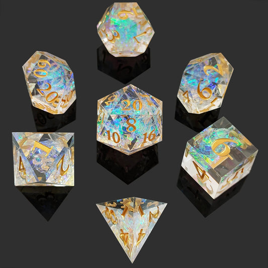 Dazzling Diamonds DND Dice: Transparent Polyhedral Resin Dice for Dungeons & Dragons, RPGs, and Board Games – 7 Piece Sharp Edge DND Dice Set with Case