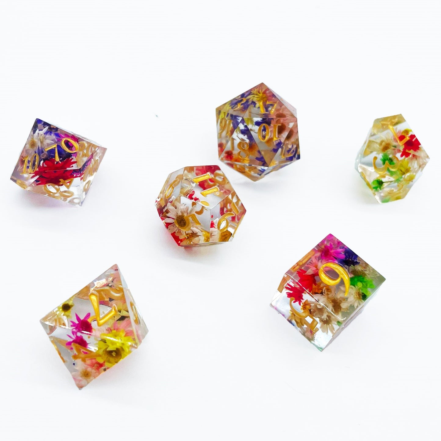 Flower Rain DND Dice: Polyhedral Resin Dice for Dungeons & Dragons, RPGs, and Board Games – 7 Piece Sharp Edge DND Dice Set with Case