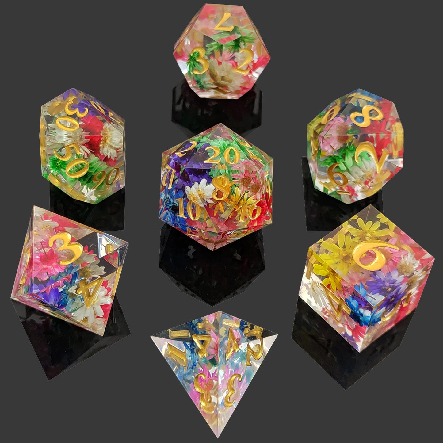 Flower Rain DND Dice: Polyhedral Resin Dice for Dungeons & Dragons, RPGs, and Board Games – 7 Piece Sharp Edge DND Dice Set with Case