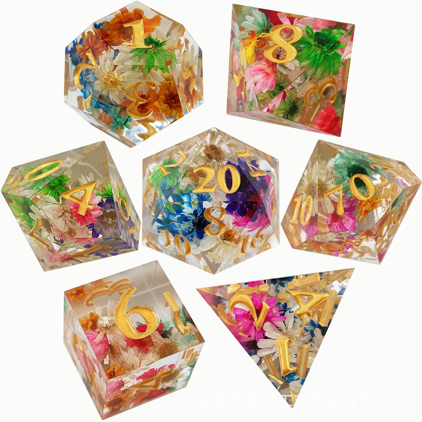 Flower Rain DND Dice: Polyhedral Resin Dice for Dungeons & Dragons, RPGs, and Board Games – 7 Piece Sharp Edge DND Dice Set with Case