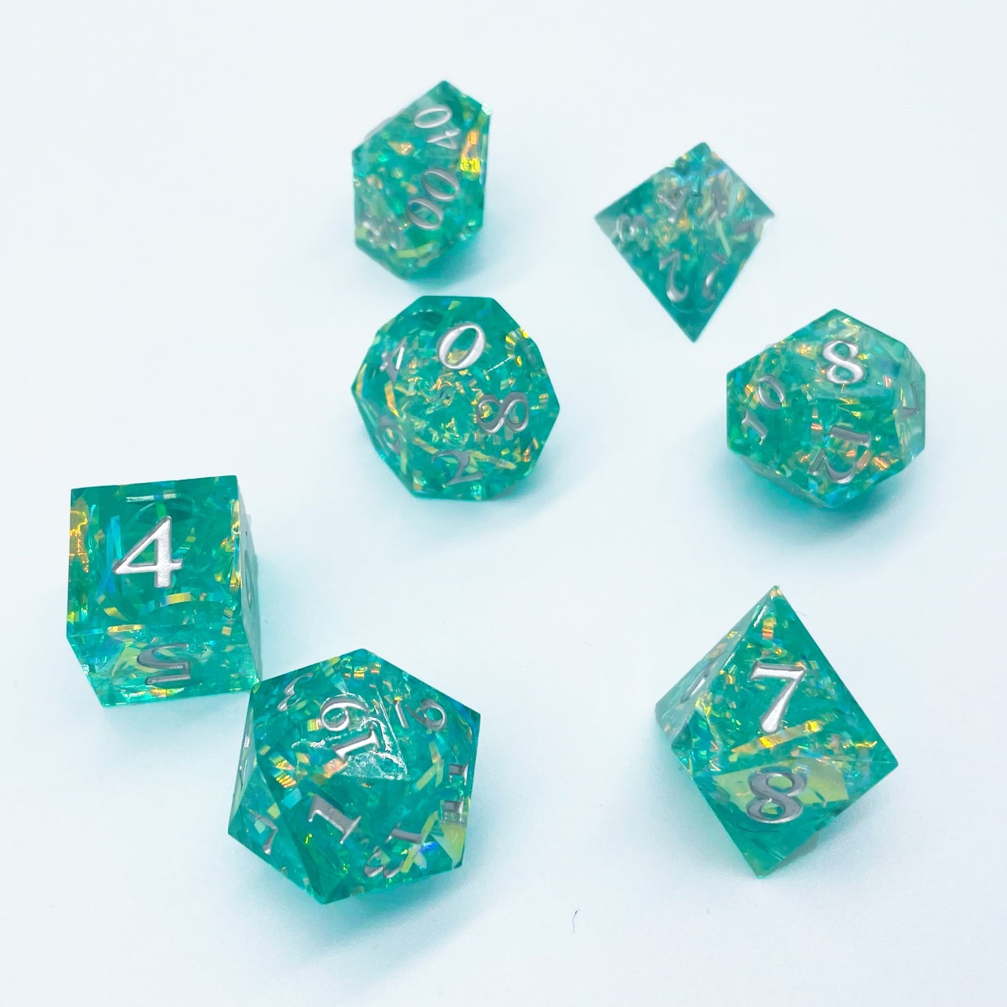 Green Extravaganza DND Dice: Shiny Polyhedral Resin Dice for Dungeons & Dragons, RPGs, and Board Games – 7 Piece Sharp Edge DND Dice Set with Case