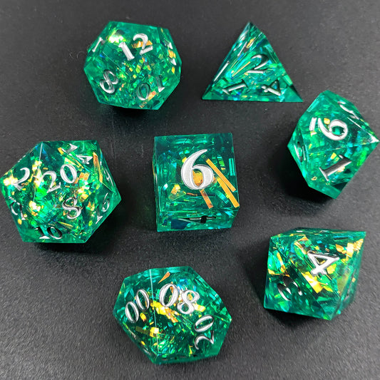 Green Extravaganza DND Dice: Shiny Polyhedral Resin Dice for Dungeons & Dragons, RPGs, and Board Games – 7 Piece Sharp Edge DND Dice Set with Case