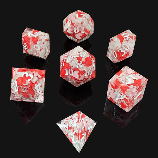 Lucky in Love DND Dice: Polyhedral Resin Dice with Hearts for Dungeons & Dragons, RPGs, and Board Games – 7 Piece Sharp Edge DND Dice Set with Case