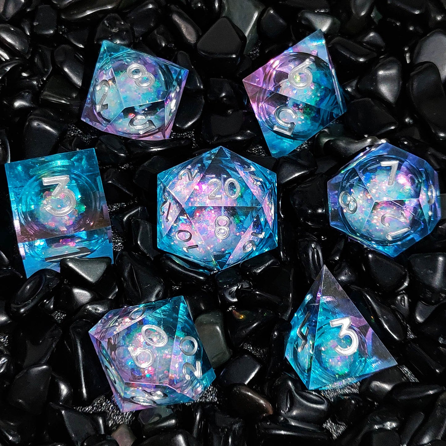 Magical Glamor DND Dice: Polyhedral Resin Dice with Glitter Liquid Core for Dungeons & Dragons, RPGs, and Board Games – 7 Piece Sharp Edge DND Dice Set with Case
