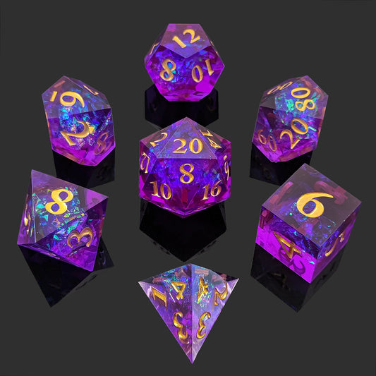 Purple Passion DND Dice: Magical Polyhedral Resin Dice for Dungeons & Dragons, RPGs, and Board Games – 7 Piece Sharp Edge DND Dice Set with Case