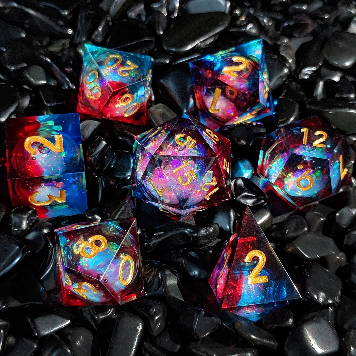 Americana DND Dice: Polyhedral Resin Dice with Glitter Liquid Core for Dungeons & Dragons, RPGs, and Board Games – 7 Piece Sharp Edge DND Dice Set with Case