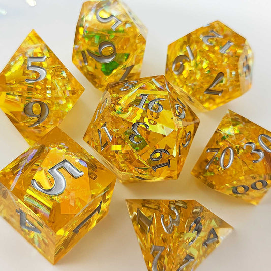 Yellow Extravaganza DND Dice: Shiny Polyhedral Resin Dice for Dungeons & Dragons, RPGs, and Board Games – 7 Piece Sharp Edge DND Dice Set with Case